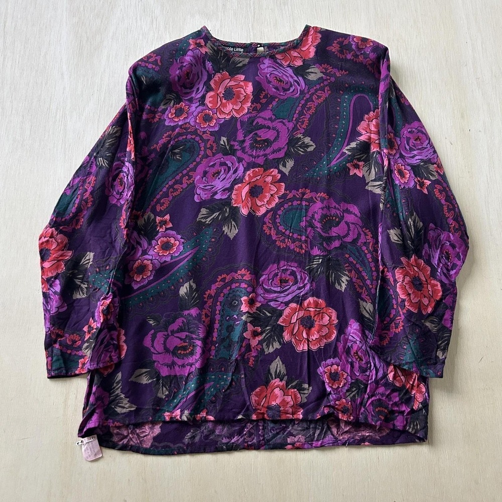 Vintage Carole Little Tunic Blouse Women 12 Purple Floral Rayon Dolman Sleeve